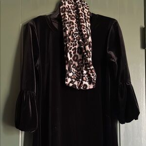 Elegant Black Dress with Leopard Print Scarf
